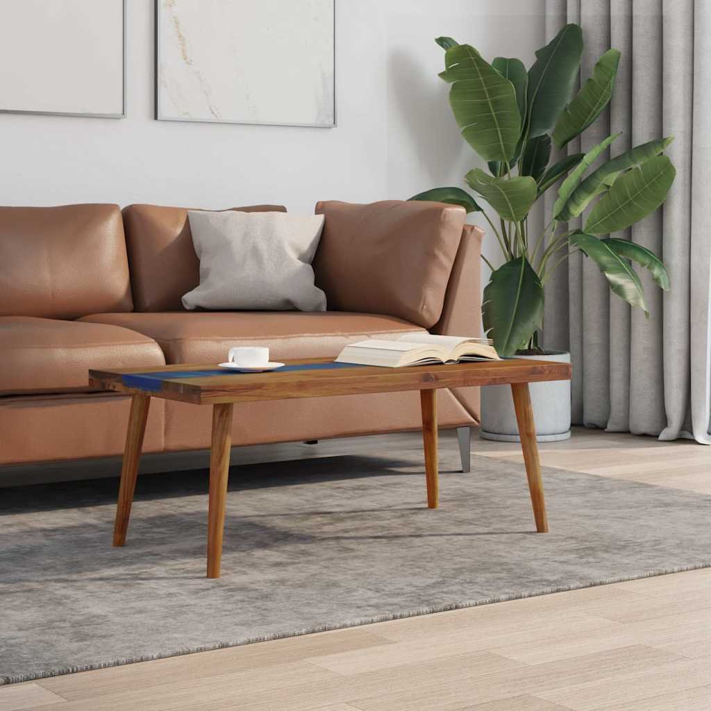 vidaXL Coffee Table Brown and Blue Teak and Resin 39.4 x 19.7 x 15.7 in