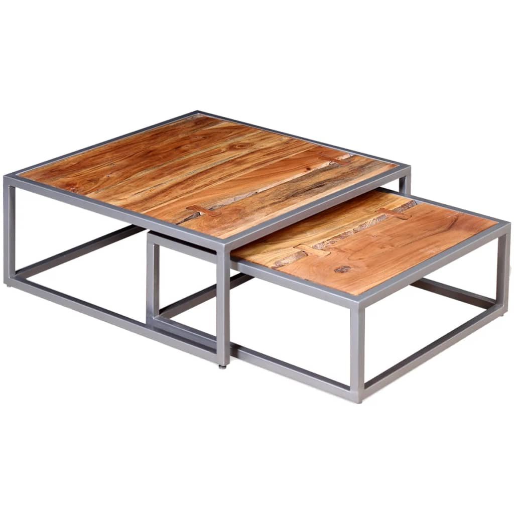 Coffee Table Set of 2 Brown Solid acacia wood, steel Medium