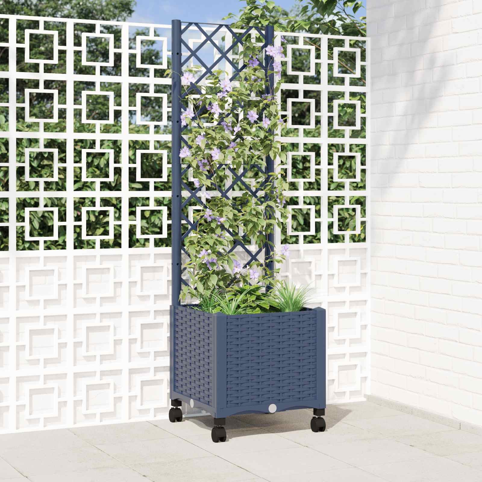 Garden Planter with Trellis&Wheels Blue Grey 40 x 40 x 146 cm