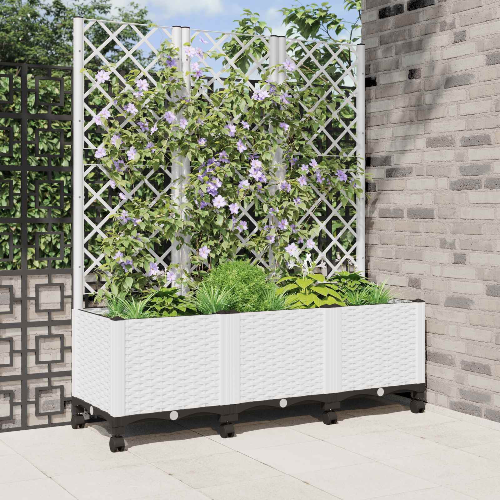 Garden Planter with Trellis&Wheels White 120 x 40 x 146 cm PP