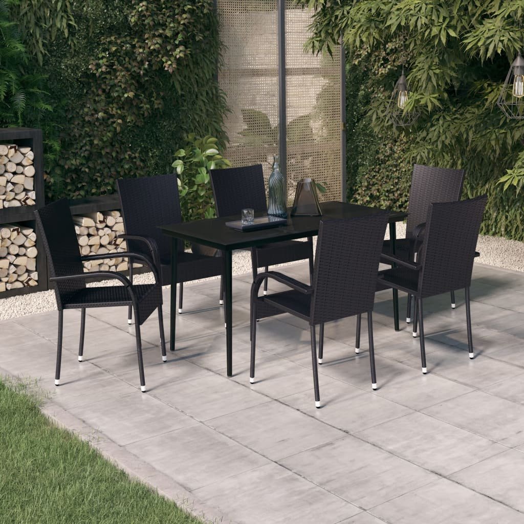 Garden Dining Set | Black | PE rattan, powder-coated steel, glass