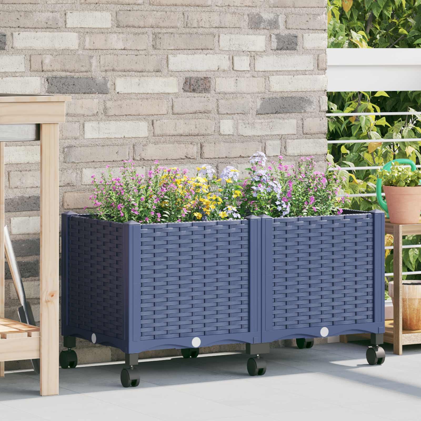 Garden Planter with Wheels Blue Grey 80 x 40 x 48 cm PP
