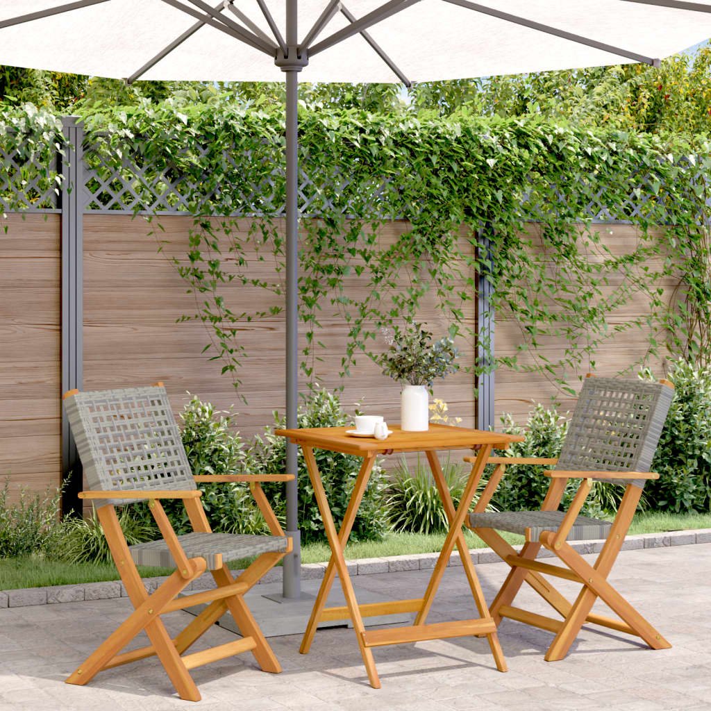 Bistro Set | Grey | Solid acacia wood, PE rattan | Medium | Foldable