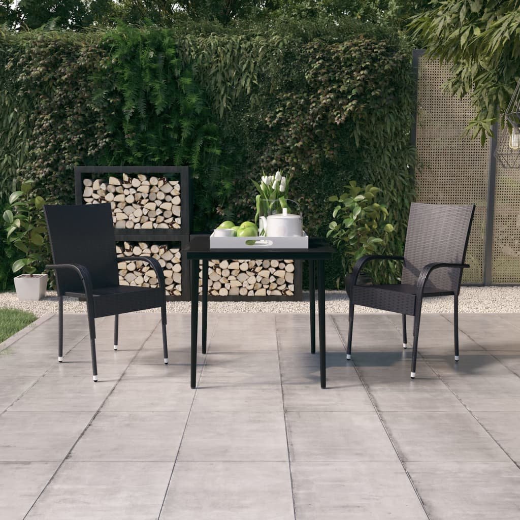 Garden Dining Set Black PE rattan, powder-coated steel, glass