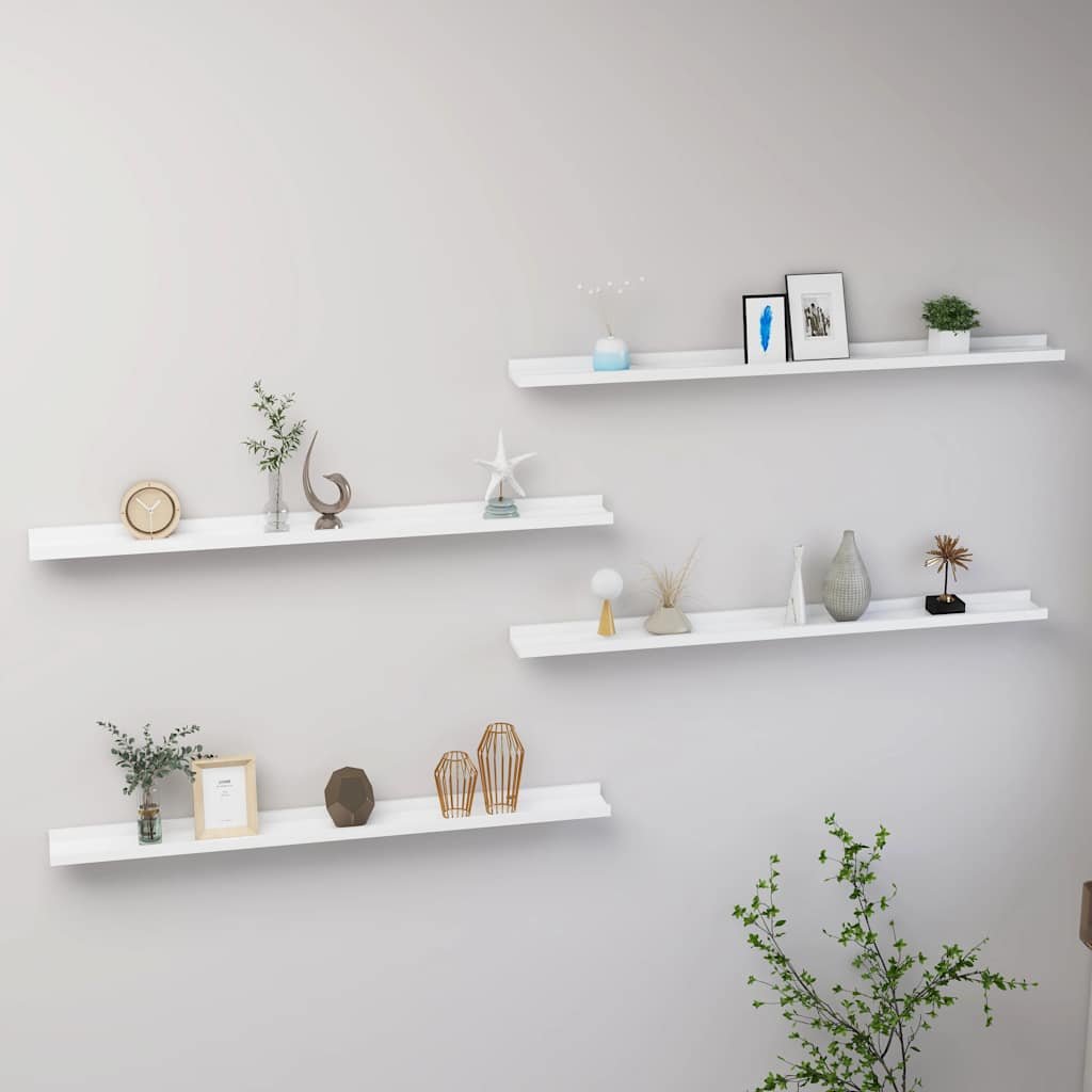 Wall Shelf Set of 4 White MDF Long Wall Shelf Rectangular