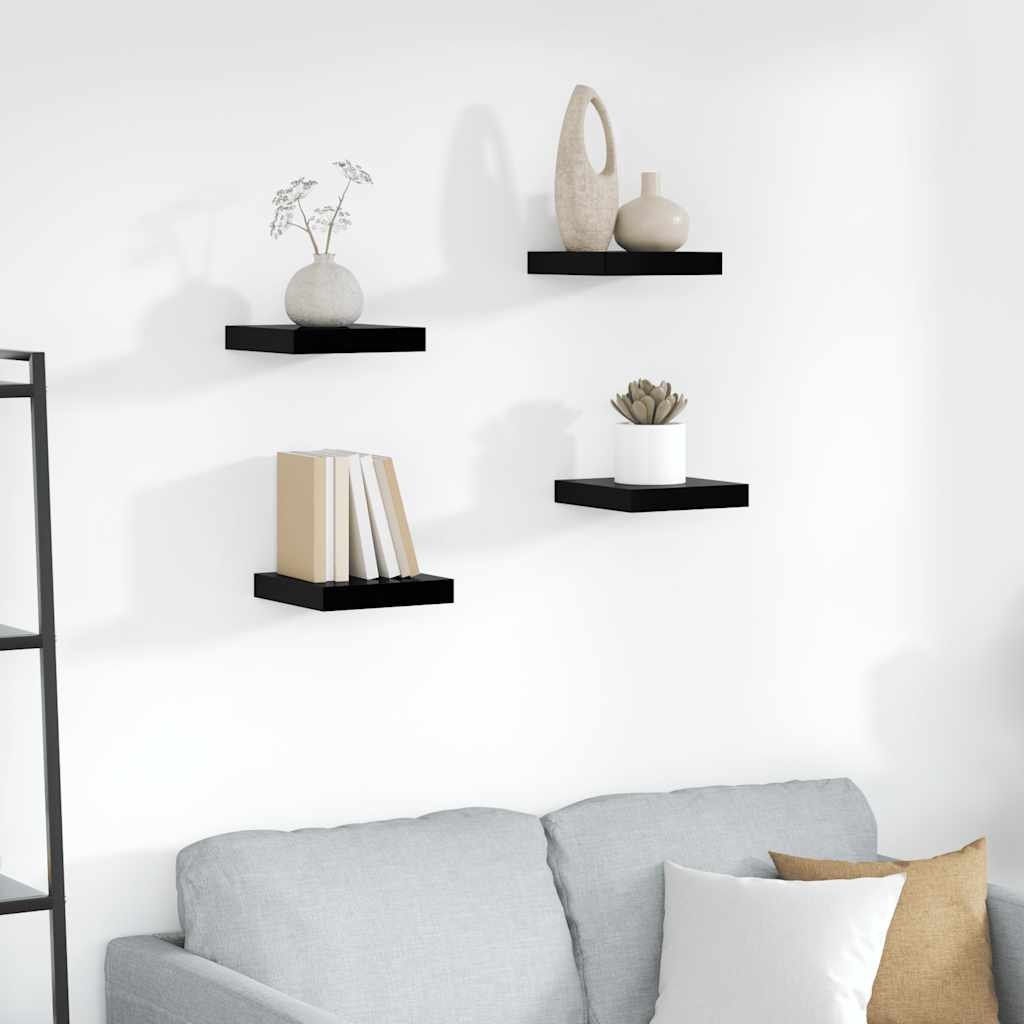 Floating Wall Shelves 4 pcs High Gloss Black 9.1"x9.3"x1.5" MDF