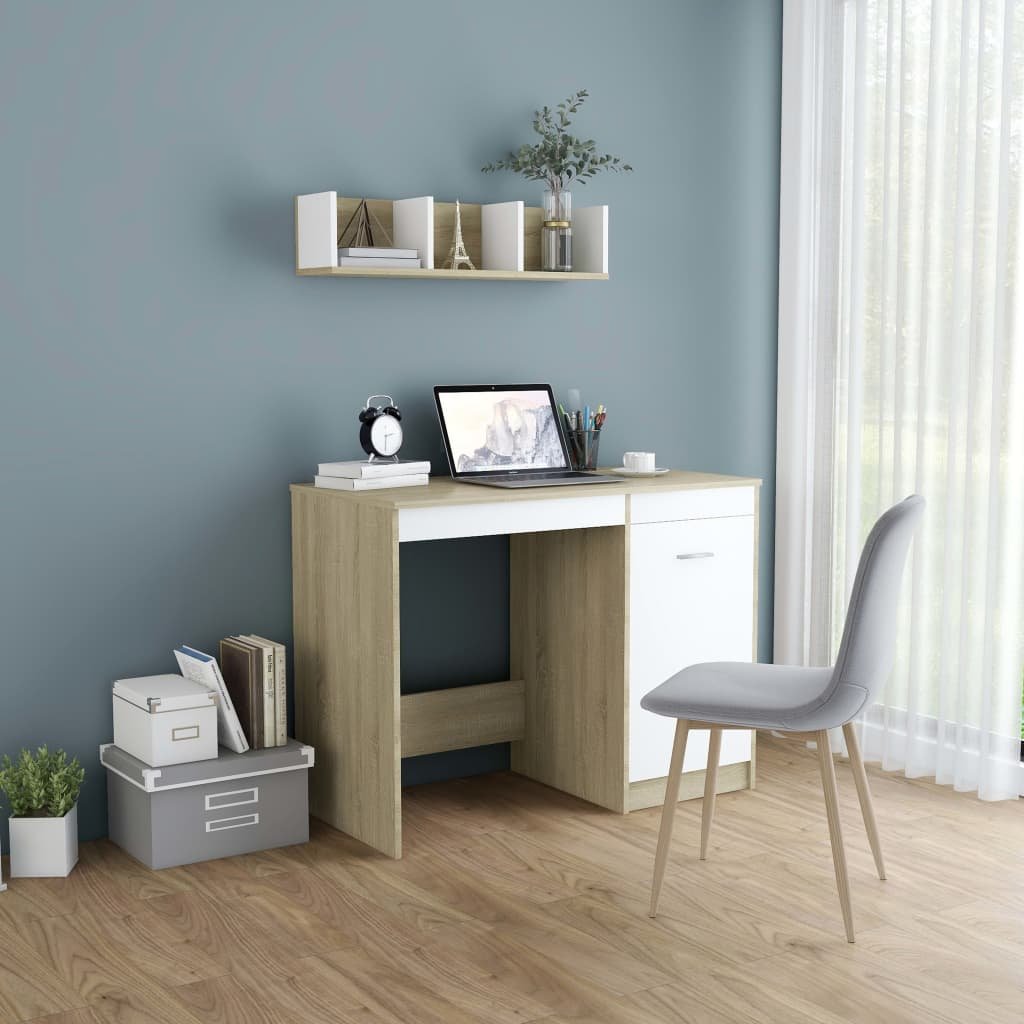 Desk White and Sonoma Oak 39.4"x19.7"x29.9" Engineered Wood