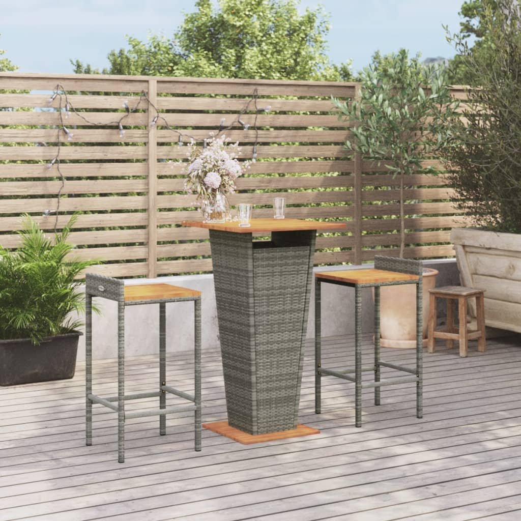 3 Piece Patio Bar Set Gray Poly Rattan&Solid Wood Acacia