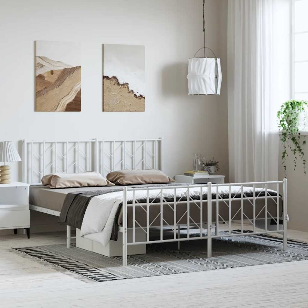 Metal Bed Frame without Mattress with Footboard White 76"x79.9"
