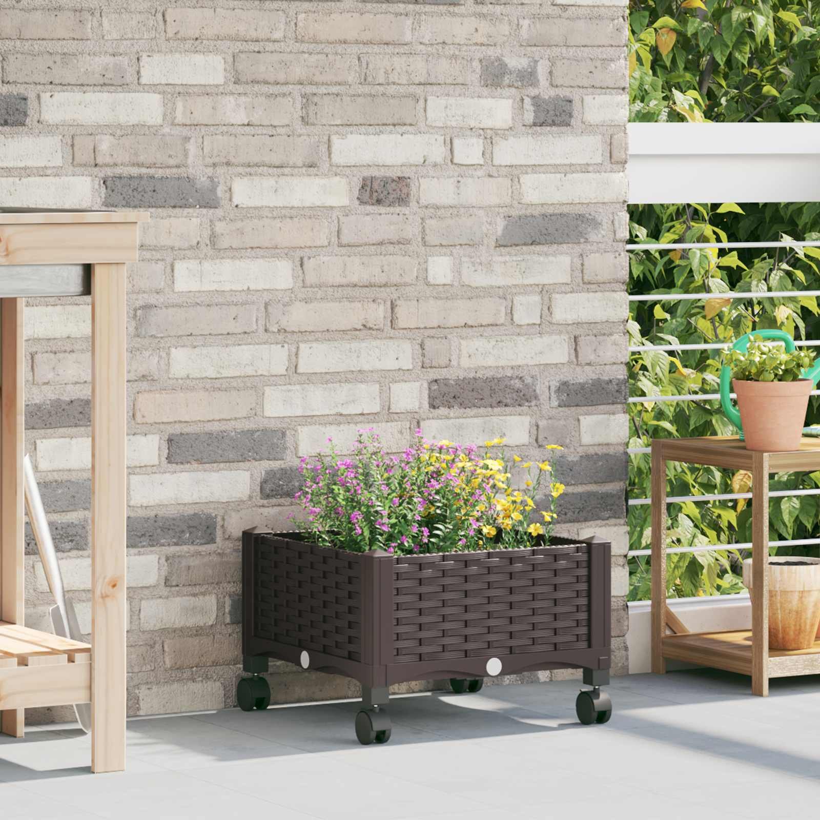 Garden Planter with Wheels Brown 40 x 40 x 29 cm PP