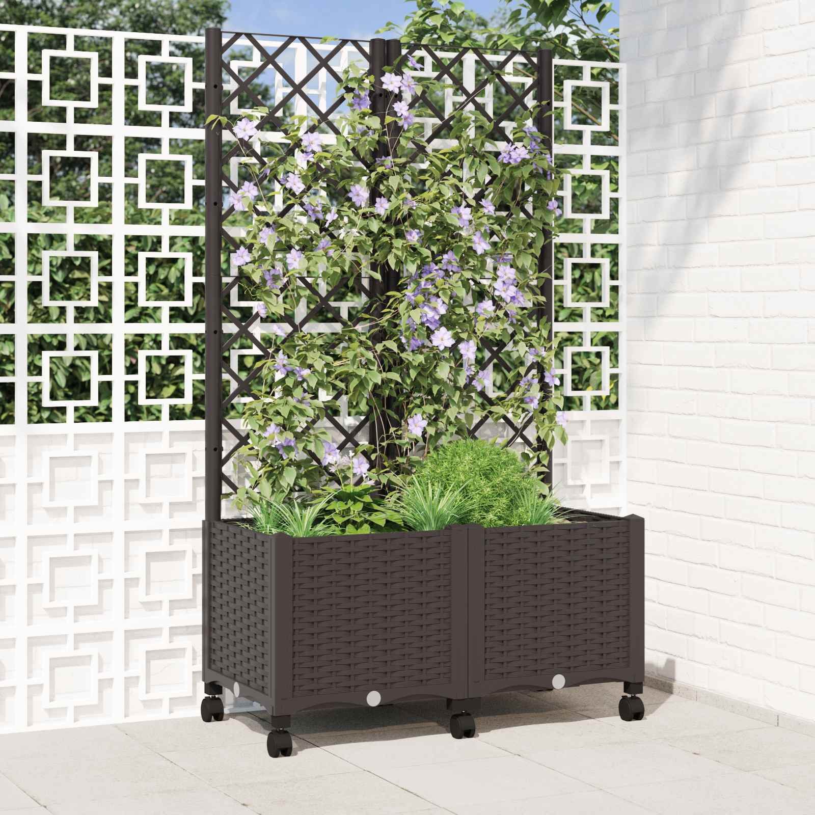 Garden Planter with Trellis&Wheels Brown 80 x 40 x 146 cm PP