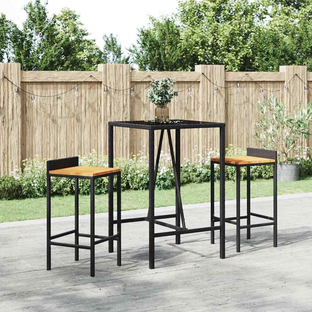3 Piece Patio Bar Set Black Poly Rattan& Solid Wood Acacia