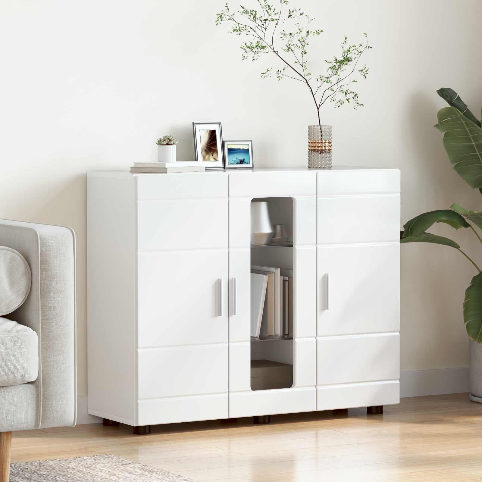 Wooden Cabinet High Gloss White Engineered Wood