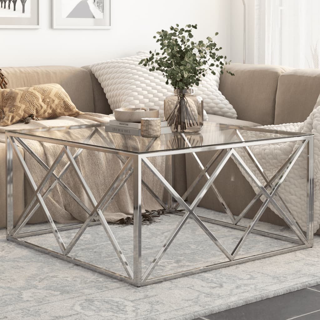 vidaXL Coffee Table Silver, Clear Stainless Steel, Tempered Glass